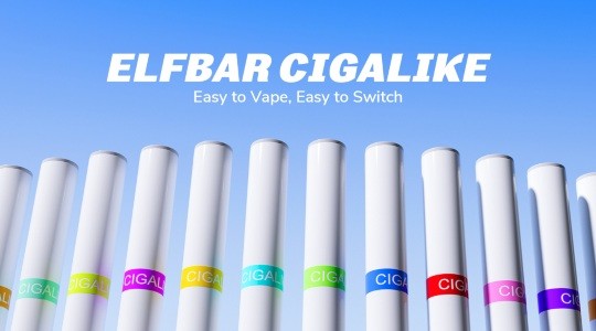 A row of Elf Bar Cigalikes on display with their coloured band visible which denotes flavour variant. Products are on a blue background.